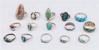 Group (15) Sterling Silver Rings Turquoise Coral +