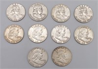 (10) US Franklin Silver Half Dollar