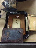 Coca cola tray, frame, tin baskets