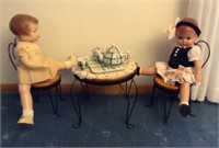 Mini parlor table, dolls, tea set