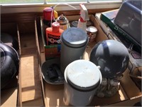 Box w/ wood stain, yard globe & cleaning supplies