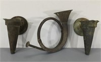 Brass Horn & Wall Sconces -as is