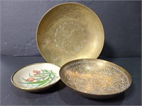 Three vintage etched brass bowls