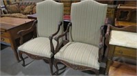 (2x) CARVED UPHOLSTERED PARLOR ARM CHAIRS