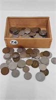 ASSORTED FOREIGN COINS IN SMALL WOOD BOX