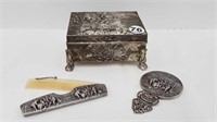 ORNATE FOOTED DRESSER BOX + HAND MIRROR & COMB
