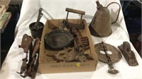 Potato ricer, old skates, small cast pans, copper