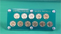 Display of 11 US silver nickels