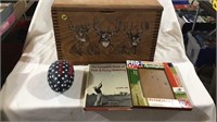 Wood box w/picture frame, book & football