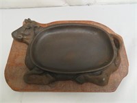 Cast-Iron Cow Shaped Sizzle Platter with Wood Base
