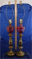Pair Etched Cranberry Glass Lamps (2pc)