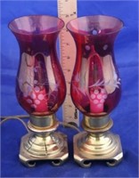 Pair Brass Lamps w/Etched Cranberry Glass Shades