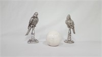 2 BIRD MANTLE DECOR PIECES WITH MARBLE BALL