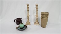 POTTERY VASE, JUG WITH 2 WOOD CANDLE STANDS