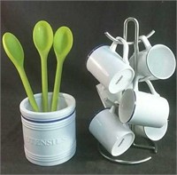 Kitchen spoon holder & mug tree with 6 mugs