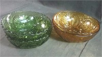 2 amber and 2 green glass bowls