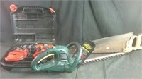 B&D cordless Drill, handsaw and 18" hedge trimmer