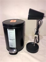 STAINLESS STEEL TRASH CAN AND SMALL LED DESK LAMP