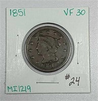 1851  Braided Hair Large Cent  VF-30