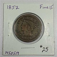 1852  Braided Hair Large Cent  F-15