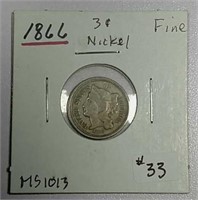 1866  Three Cent Nickel  F