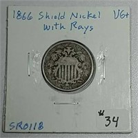 1866  w/Rays  Shield Nickel  VG+