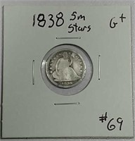 1838  Sm Stars  Seated Half Dime  G+