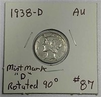 1938-D  Mercury Dime  AU   Rotated  "D" Mint Mark