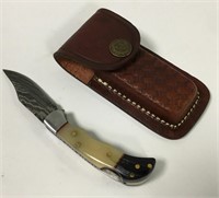 Damascene Blade Pocket Knife, Inlaid Handle