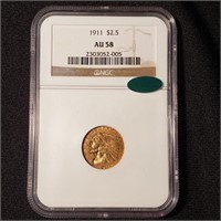 1911 Gold $2.50 Indian Quarter Eagle AU58 CAC