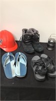 Group of shoes and hard hat 11 8.5 8