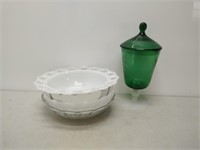2 glass bowls, 2 white glass bowl, green candy jar