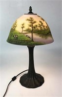 Metal Lamp with Painted Glass Shade