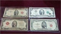 2 $2 RED SEAL 1928 & 53, $2 STAR NOTE, $5 RED SEAL