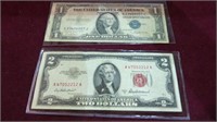 SERIES 1935 $1 SILVER CERT, 1953 $2 RED SEAL NOTE