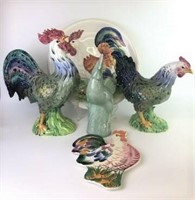 Glazed Rooster Figurines & Decorative Plate