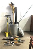 Galvanized Trash Can with Yard and Garden Supplies