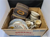Box of Dishes & Travel Coffee Maker