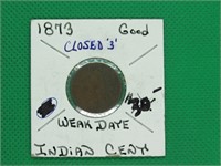 1873 Indian Head Cent, Closed 3, Good