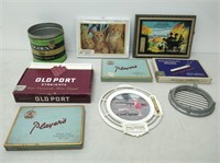 vintage misc lot- thermometers, tins, etc.