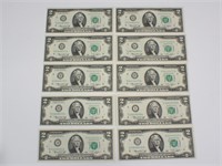 Lot of 10 1976 US Minty Crisp $2 Dollar Bills