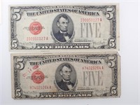 2 - 1928 US F Red Seal $5 Dollar Bills