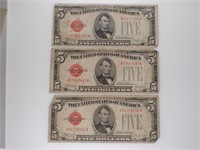 3 - 1928 US E Red Seal $5 Dollar Bills