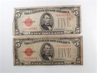 2 - 1928 US C Red Seal $5 Dollar Bills