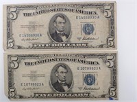 2 - 1953 US A $5 Dollar Silver Certificates