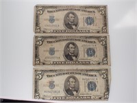 3 - 1934 US A $5 Dollar Silver Certificates
