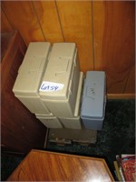 plastic file container and one small metal cabinet