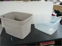 2 LG BINS-1 CLEAR & 1 TAN-TAN HAS SM HOLE IN BOTTM