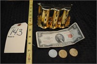 Red Seal $2 bill 1953, 3 $1 coins, &more