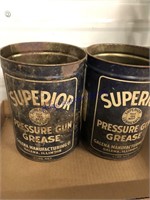 Superior Pressure Gun Grease tins, pair, empty